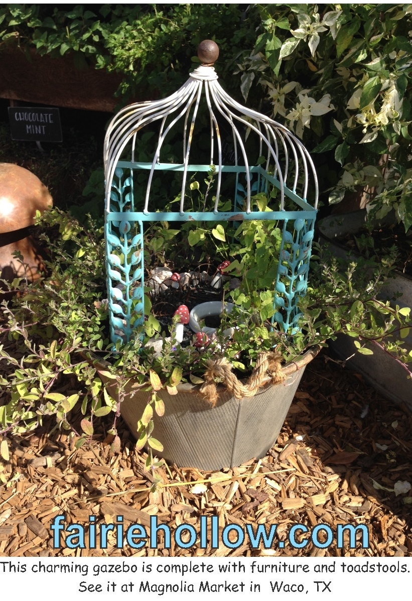 Magnolia-Market had a fairy gazebo planted in a metal container | fairiehollow.com