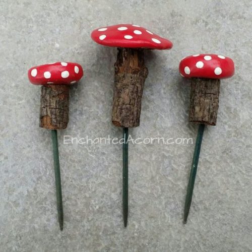 Painted stone and Twig mushrooms.Creating your Fairy Garden can begin by adding mushrooms that you can DIY|fairiehollow.com