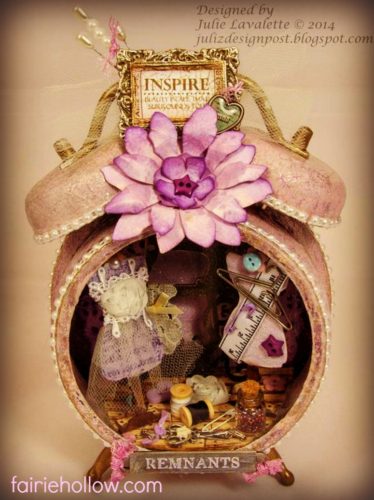 fairy clock house, purple flowers, fairy dress on dress stand | fairiehollow.com