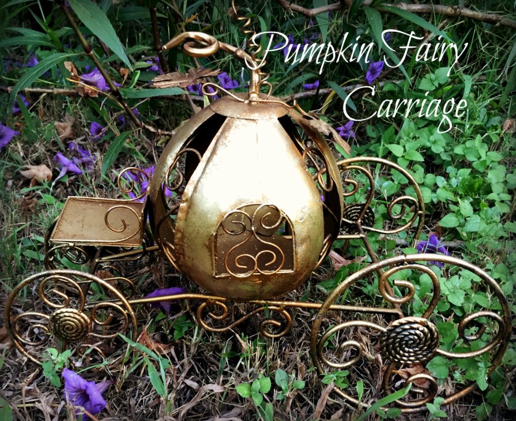 Gold metal pumpkin fairy carriage found on Amazon. fairiehollow.com