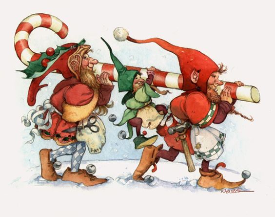 Christmas fairy elves in the snow taking a large candy cane home.