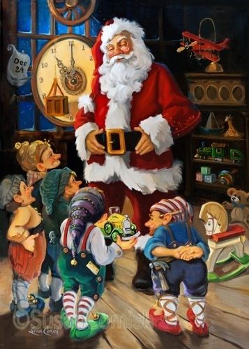 Santa talking to the elves on Christmas Eve before delivering toys. fairiehollow.com