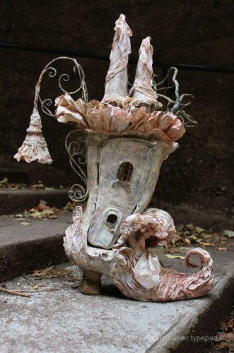 paper mache, Laetitia, french fairy house, fairy shoe house